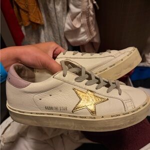 Golden Goose White Leather Sneakers with Gold Star and Pink Heel